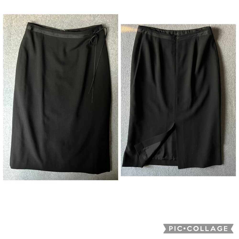 Banana Republic Wool Black Maxi Skrt Back Slit Tie Waist Satin Trim Sz 6 Career